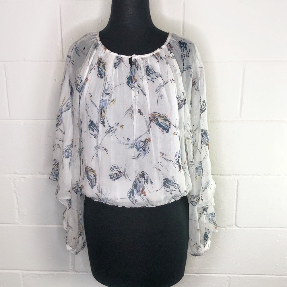 Joie 100% Silk Flowy Blouse With Whimsical Floral Print Balloon Ruffle Sleeve